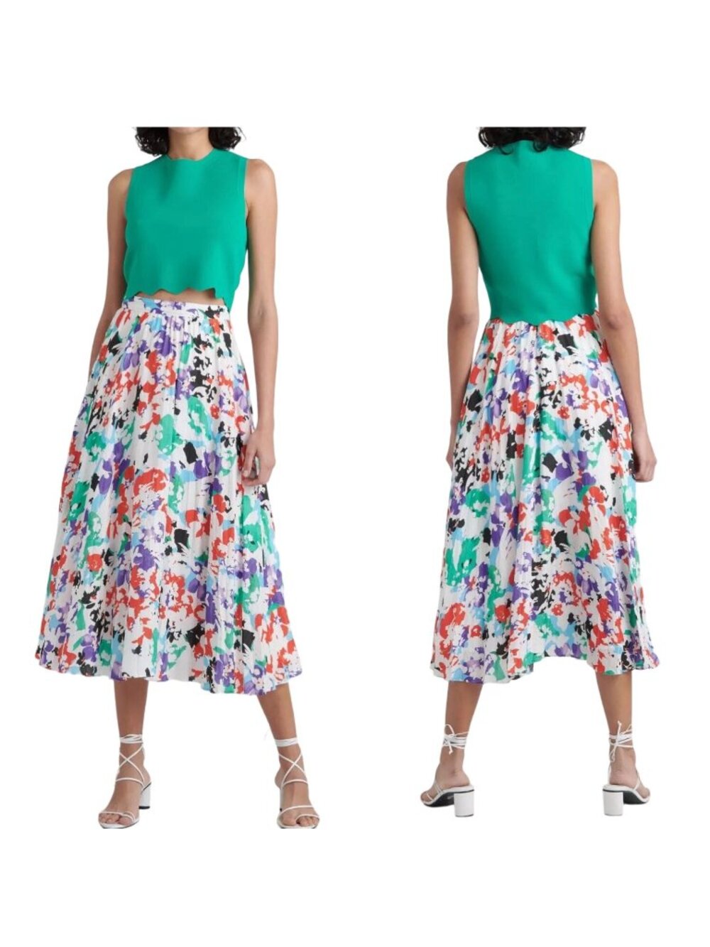 Tanya Taylor Jeana Midi Skirt, Multi Color Printed Soft Pleats, Size 10, NWT